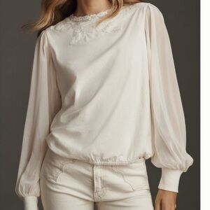 Anthropologie Tiny Ivory Embroidered Pearl Embellished Top